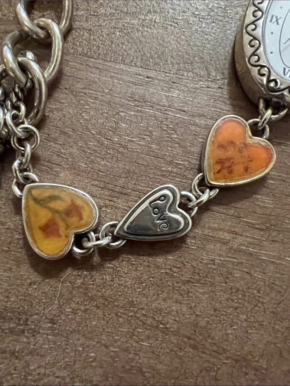 Brighton Heart Link Charm Watch Toggle Bracelet - Silver with Amber Hearts